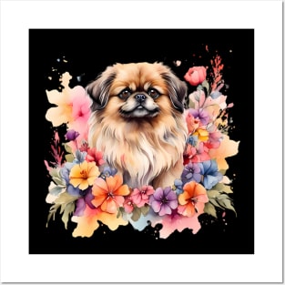 A pekingese decorated with beautiful watercolor flowers Posters and Art